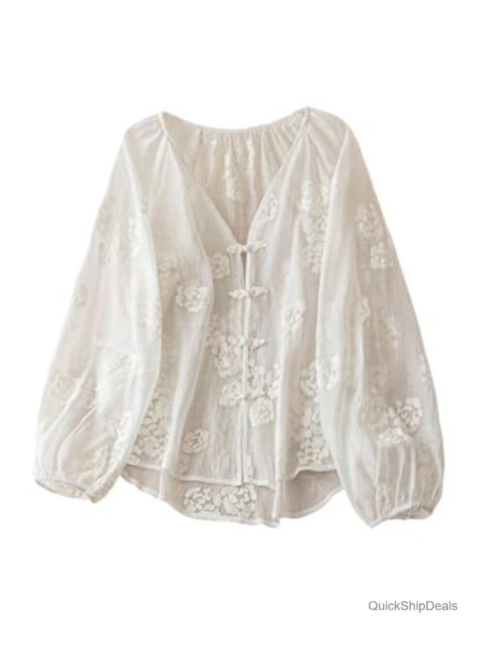 Boho Peasant Blouse Long Sleeve Floral Embroidered Tie Front Tunic Top